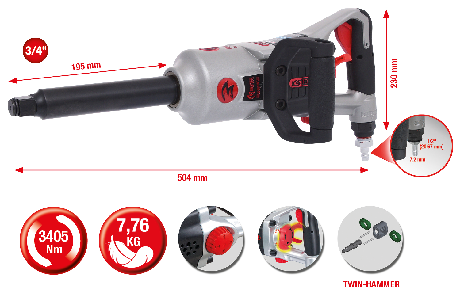 3/4" superMONSTER Hochleistungs-Druckluft-Schlagschrauber, 3405Nm, 504 mm