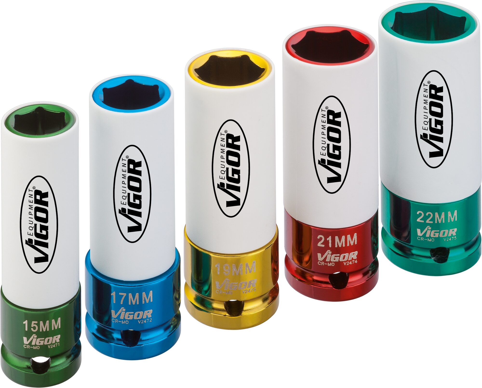 VIGOR Schlagschrauber Steckschlüsseleinsatz Satz · V2257 · Vierkant hohl 12,5 mm (1/2 Zoll) · Außen Sechskant Profil · 15 – 22 · Anzahl Werkzeuge: 5