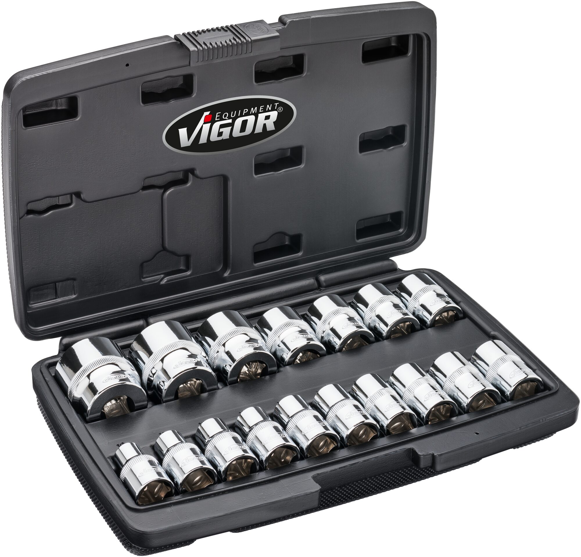 VIGOR Doppelsechskant-Steckschlüssel Satz · V7512/17 · Vierkant hohl 12,5 mm (1/2 Zoll) · Außen Doppel-Sechskant Profil · Anzahl Werkzeuge: 17