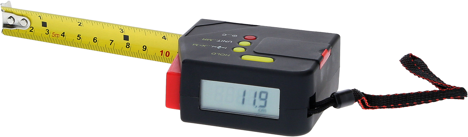 Elektrisches Bandmaß mit Feststeller und Gürtelclip, digital, 5 m, 19 mm
