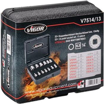 VIGOR Doppelsechskant-Steckschlüssel Satz · V7514/13 · Vierkant hohl 6,3 mm (1/4 Zoll) · Außen Doppel-Sechskant Profil · 25 mm · Anzahl Werkzeuge: 13