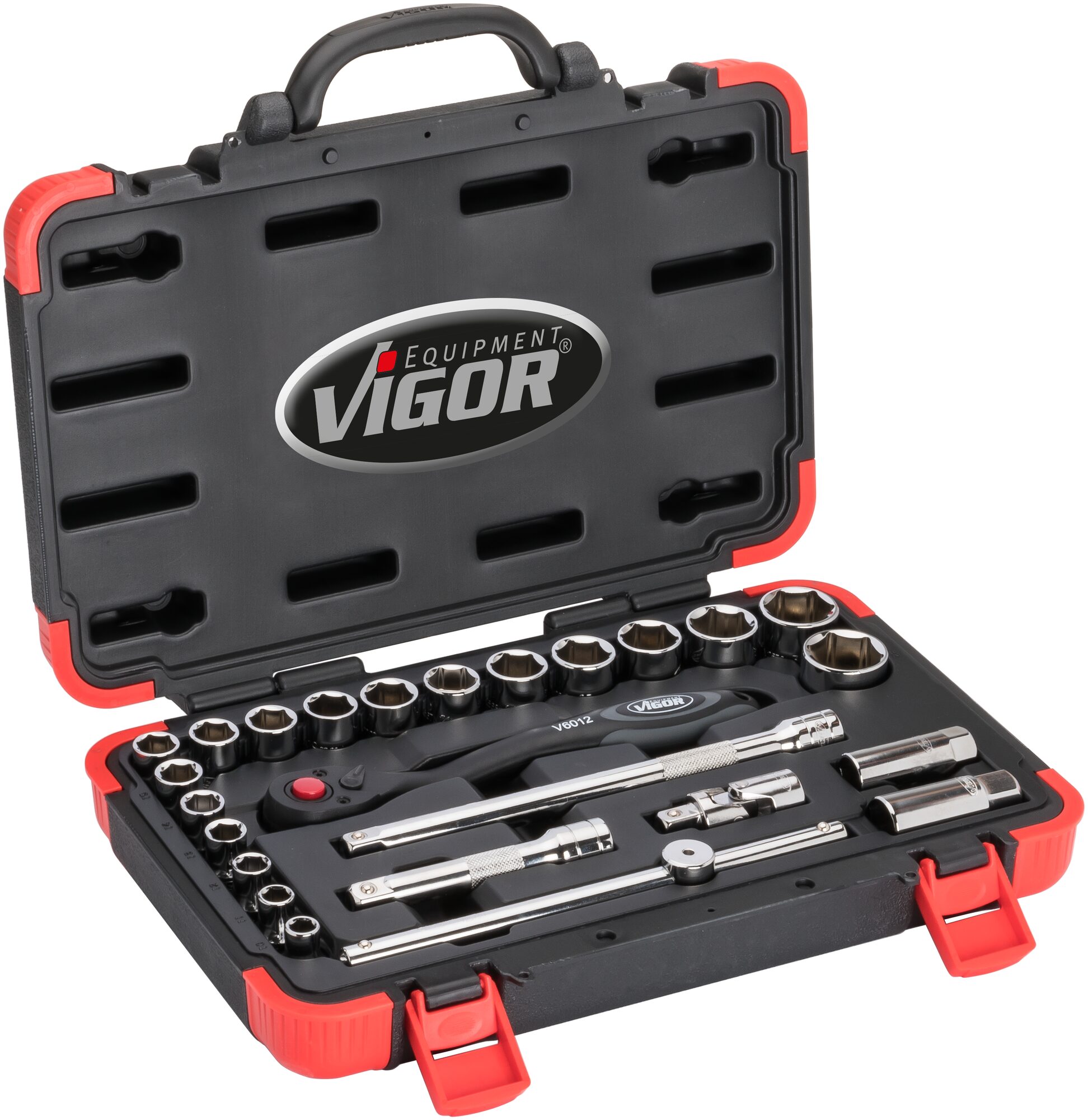 VIGOR Steckschlüssel Satz · V2460N · Vierkant hohl 12,5 mm (1/2 Zoll) · Außen Sechskant Profil · 10 – 32 · Anzahl Werkzeuge: 25