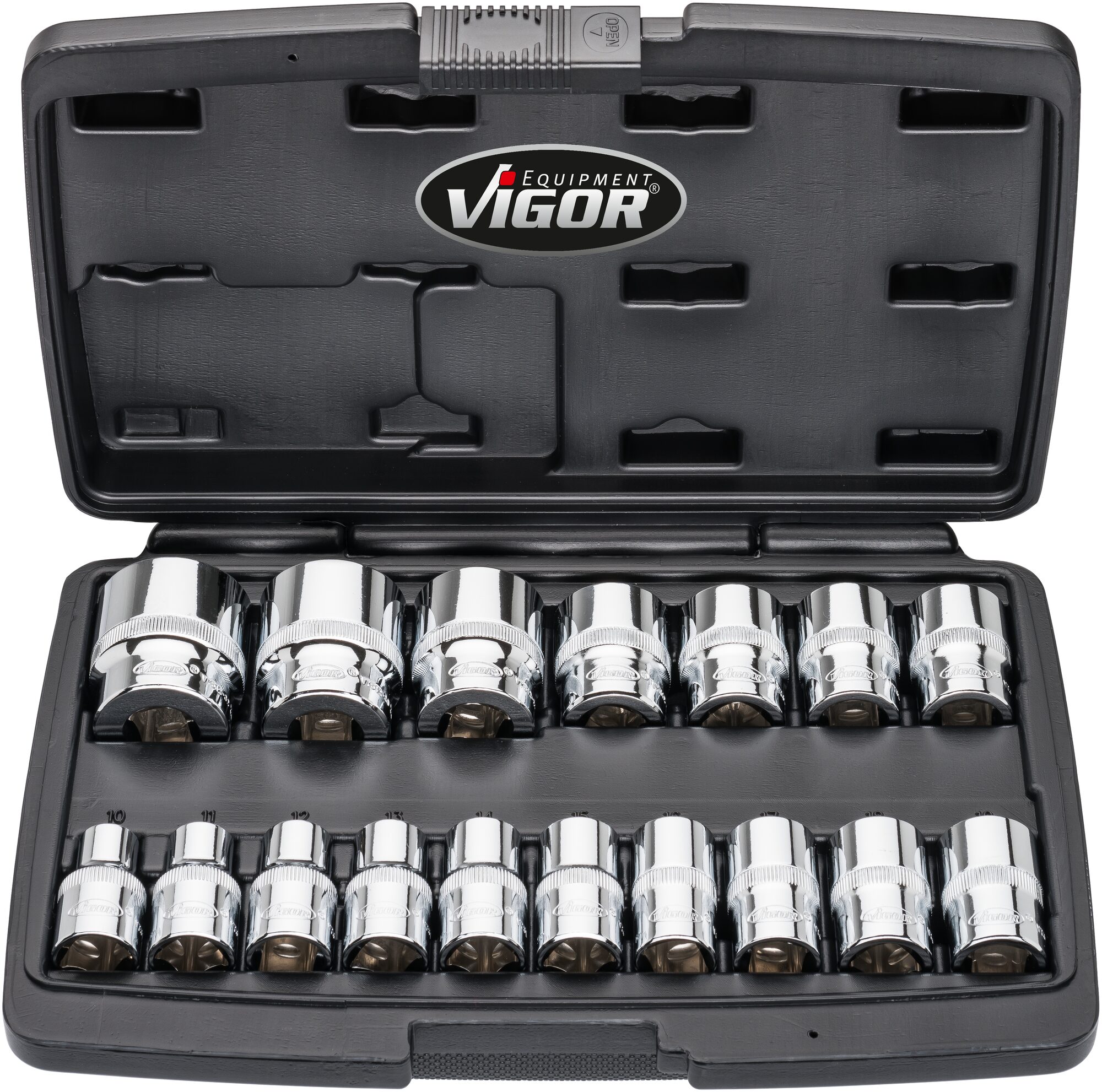VIGOR Doppelsechskant-Steckschlüssel Satz · V7512/17 · Vierkant hohl 12,5 mm (1/2 Zoll) · Außen Doppel-Sechskant Profil · Anzahl Werkzeuge: 17