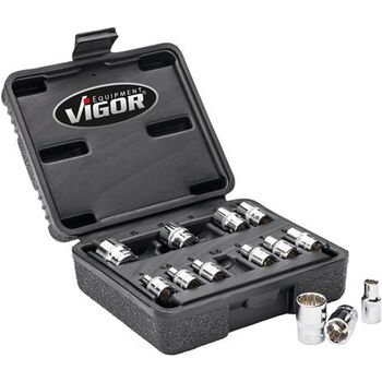 VIGOR Doppelsechskant-Steckschlüssel Satz · V7514/13 · Vierkant hohl 6,3 mm (1/4 Zoll) · Außen Doppel-Sechskant Profil · 25 mm · Anzahl Werkzeuge: 13