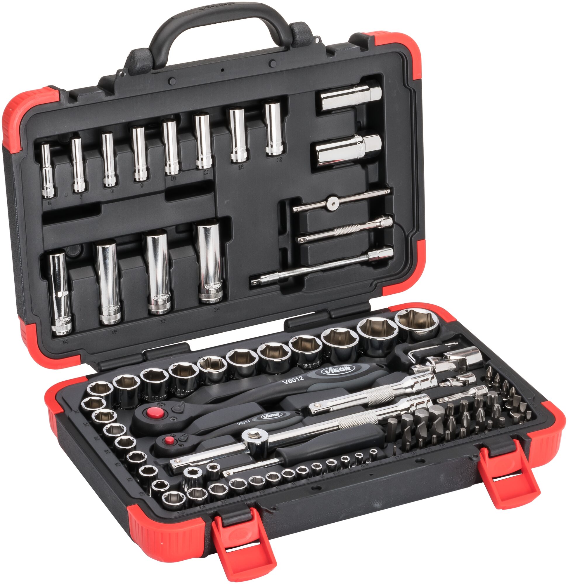 VIGOR Steckschlüssel Satz V1706N · Vierkant hohl 6,3 mm (1/4 Zoll) und 12,5 mm (1/2 Zoll), Sechskant massiv 8 (5/16 Zoll) · 0,8x4–1,2x7 · 1,5–32 · PH1–PH2 · PZ1–PZ2 · T10–T30 · Anzahl Werkzeuge: 94