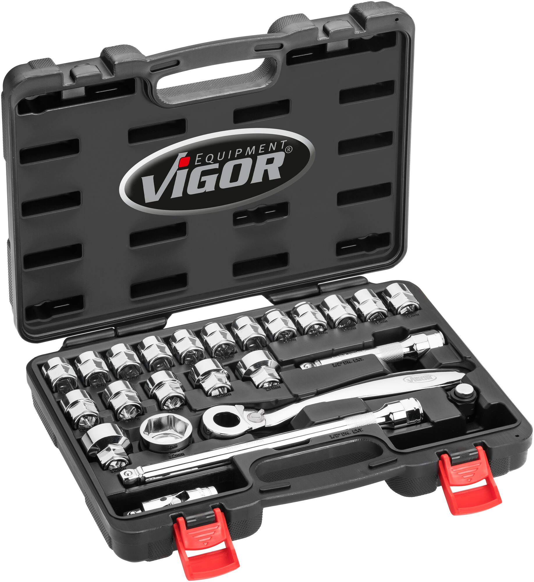 VIGOR Steckschlüssel Satz · superflach · V7202 · Vierkant hohl 12,5 mm (1/2 Zoll) · Außen Sechskant Profil · 8 – 32 · Anzahl Werkzeuge: 24