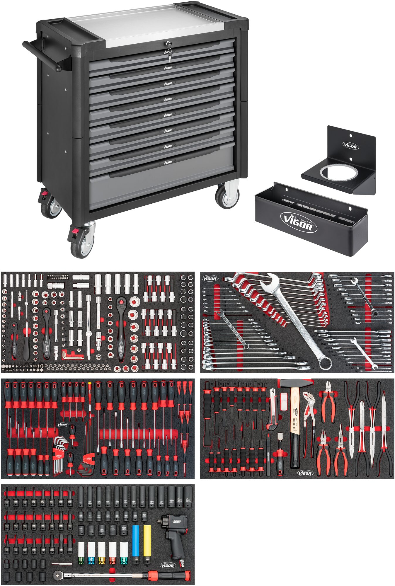 VIGOR Werkstattwagen Series XL · Edelstahl-Arbeitsplatte · mit Sortiment · V4481-X/466 · Anzahl Werkzeuge: 466