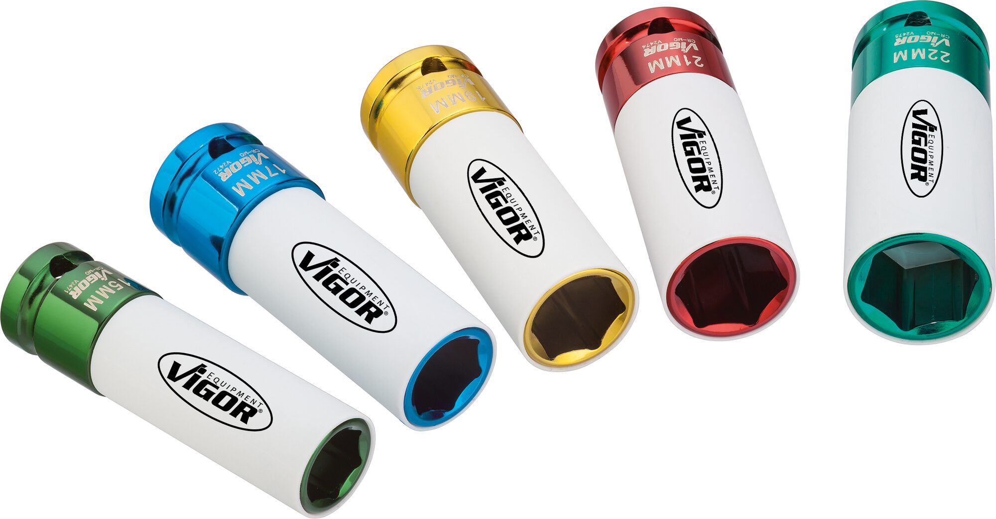 VIGOR Schlagschrauber Steckschlüsseleinsatz Satz · V2257 · Vierkant hohl 12,5 mm (1/2 Zoll) · Außen Sechskant Profil · 15 – 22 · Anzahl Werkzeuge: 5