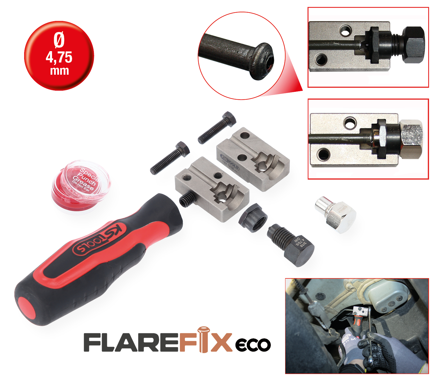 FLAREFIXeco 4,75 mm Universal-Bremsleitungs-Bördelgerät-Satz, 4-tlg