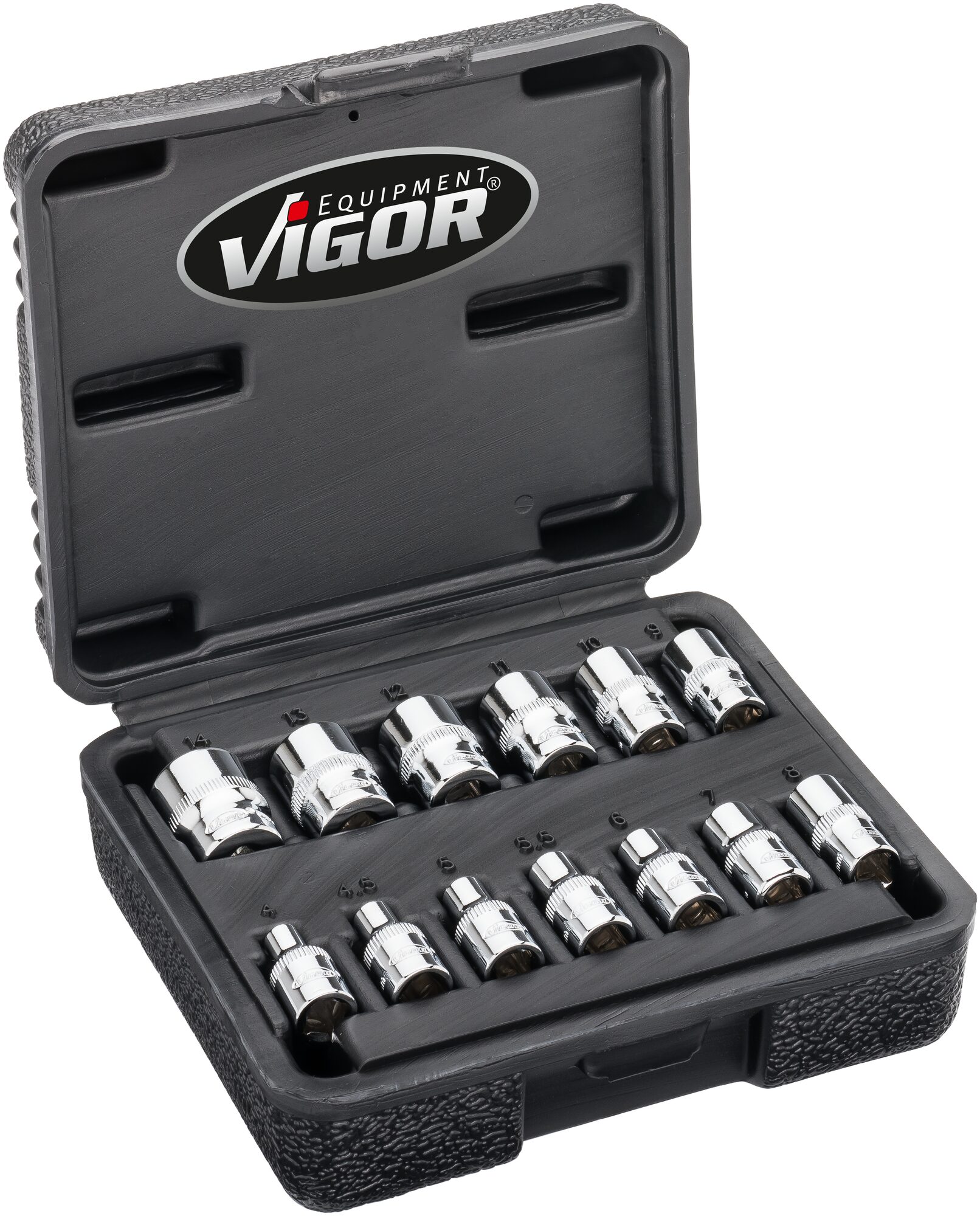 VIGOR Doppelsechskant-Steckschlüssel Satz · V7514/13 · Vierkant hohl 6,3 mm (1/4 Zoll) · Außen Doppel-Sechskant Profil · 25 mm · Anzahl Werkzeuge: 13