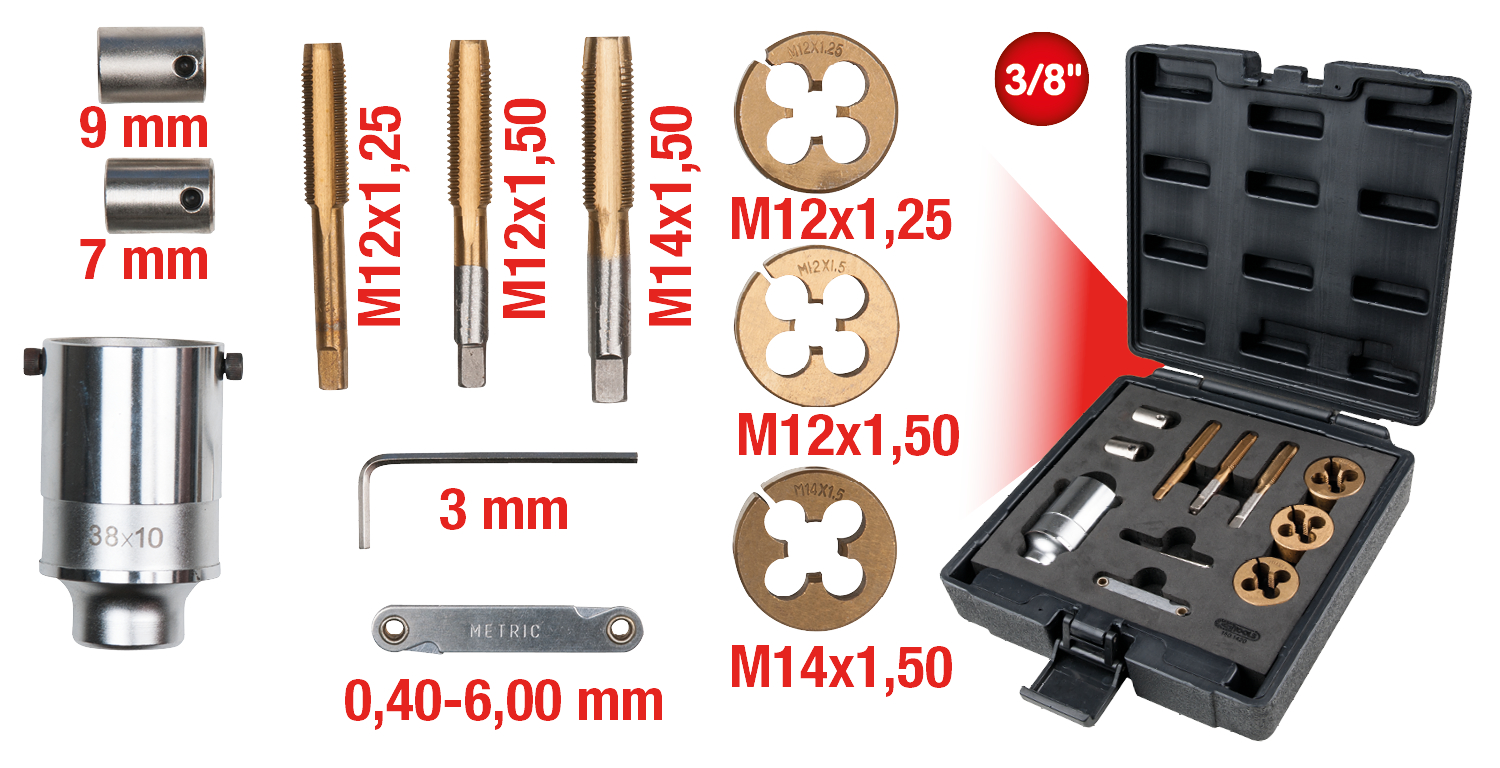 3/8" Gewindeschneid-Satz für Radmuttern- und Schrauben, 11-tlg