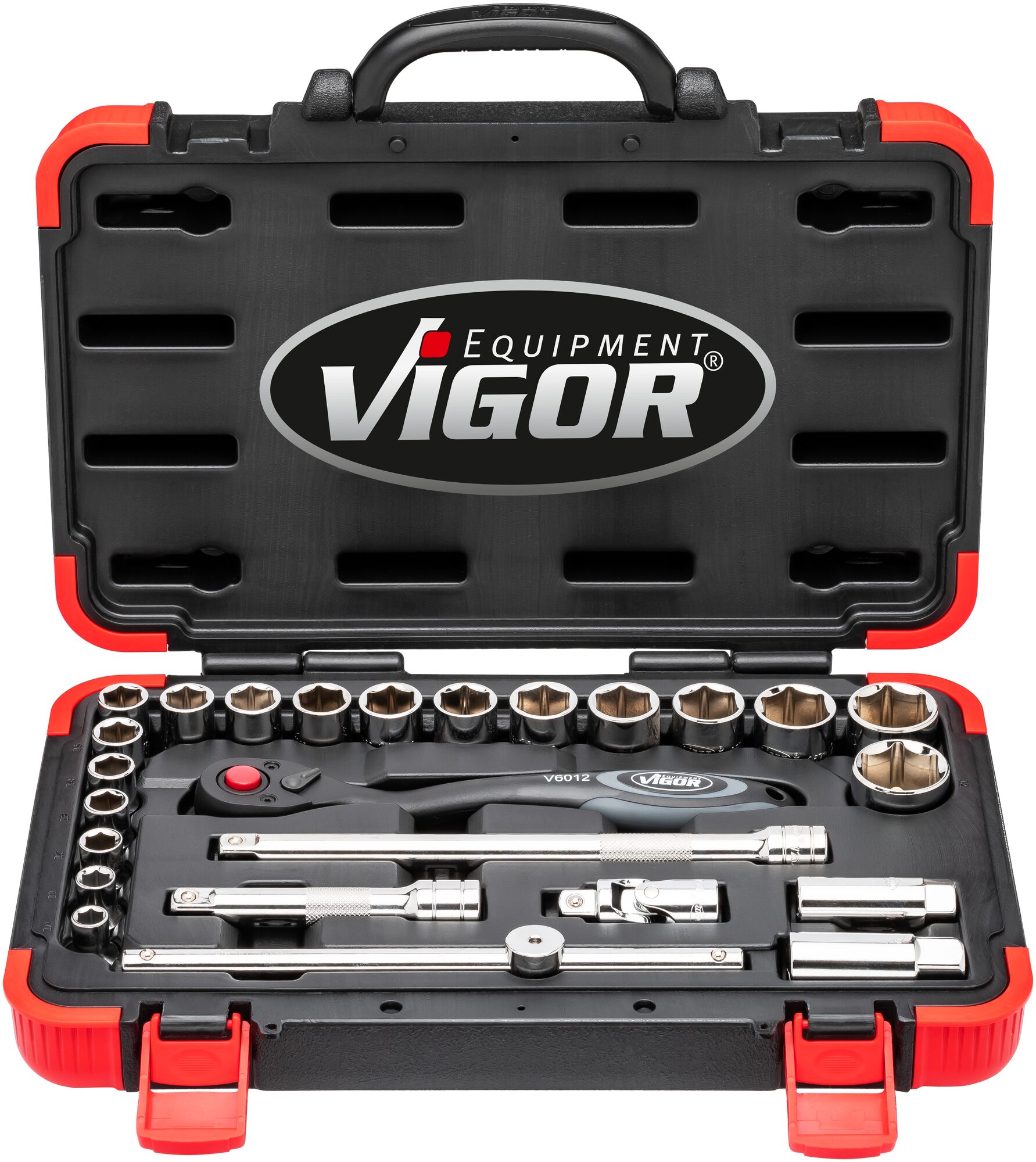 VIGOR Steckschlüssel Satz · V2460N · Vierkant hohl 12,5 mm (1/2 Zoll) · Außen Sechskant Profil · 10 – 32 · Anzahl Werkzeuge: 25