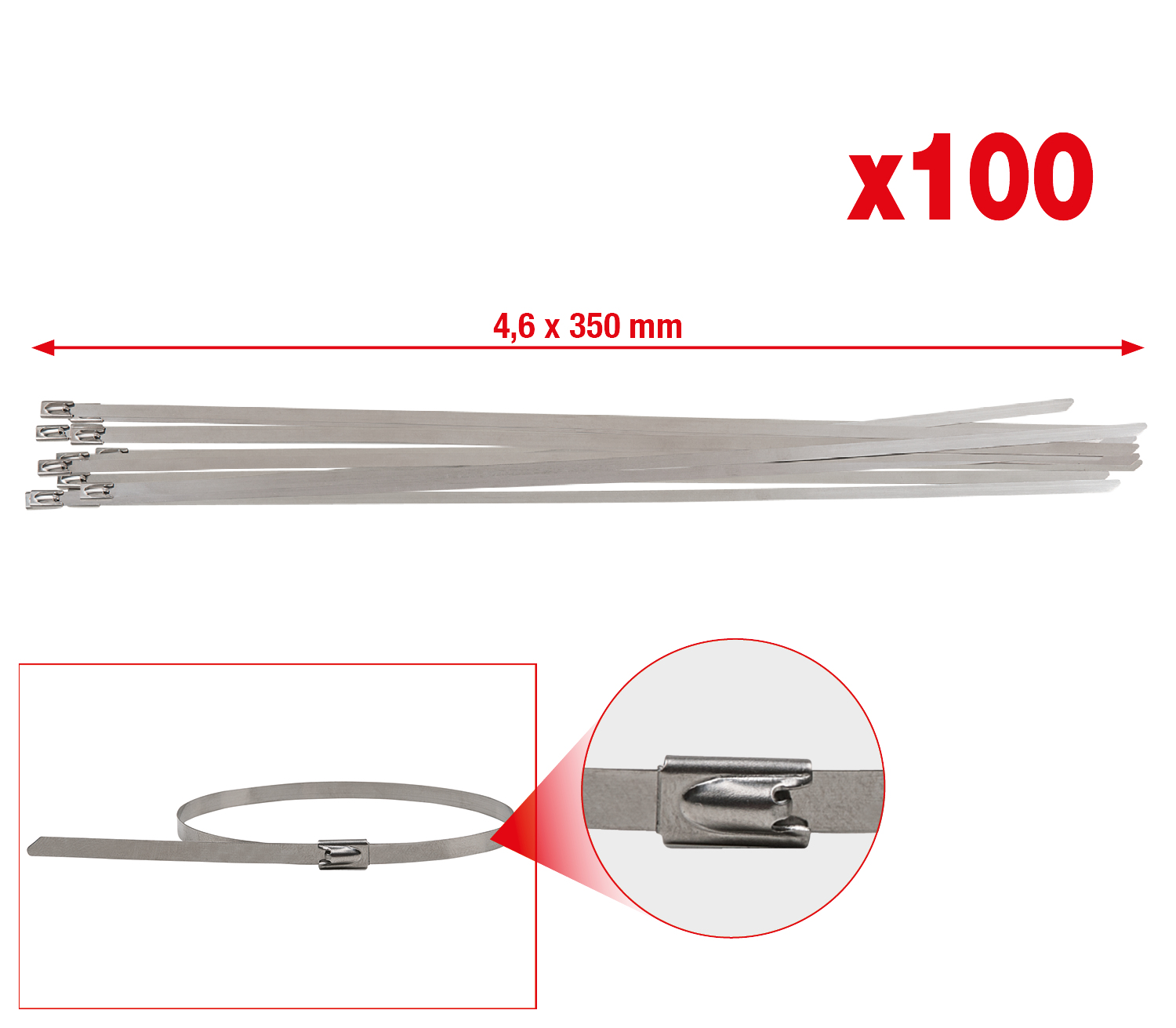 Edelstahl Kabelbinder mit Kugelverschluss, 4,6x350mm, 100 Stück