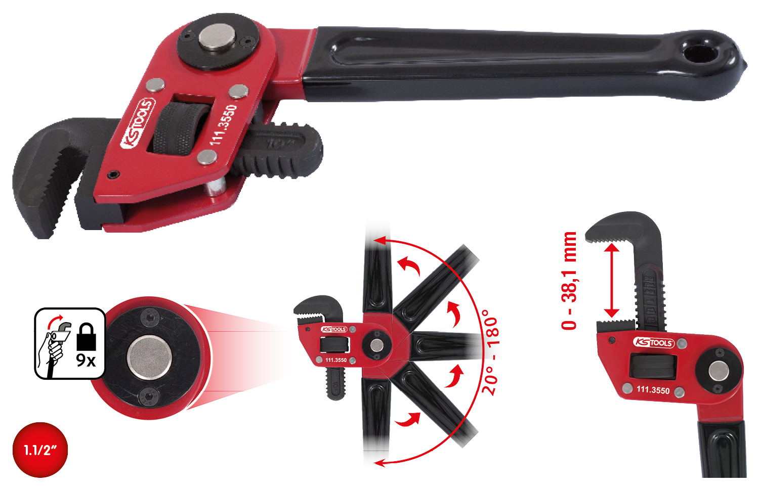 Einhand-Rohrzange 1.1/2" mit verstellbarem Kopf
