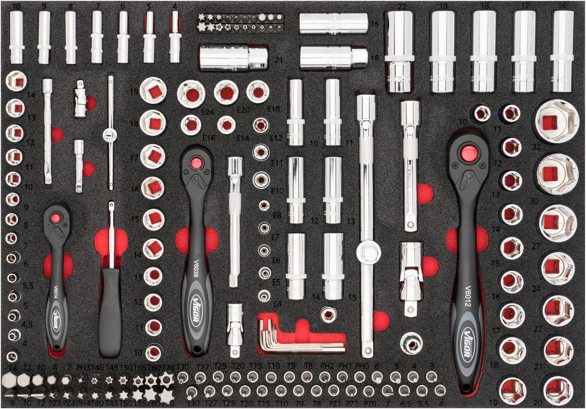 VIGOR Steckschlüssel-Werkzeug Satz V4188 · Vierkant hohl 6,3 mm (1/4 Zoll), Vierkant hohl 10 mm (3/8 Zoll), Vierkant hohl 12,5 mm (1/2 Zoll), Sechskant massiv 6,3 (1/4 Zoll) · Anzahl Werkzeuge: 172