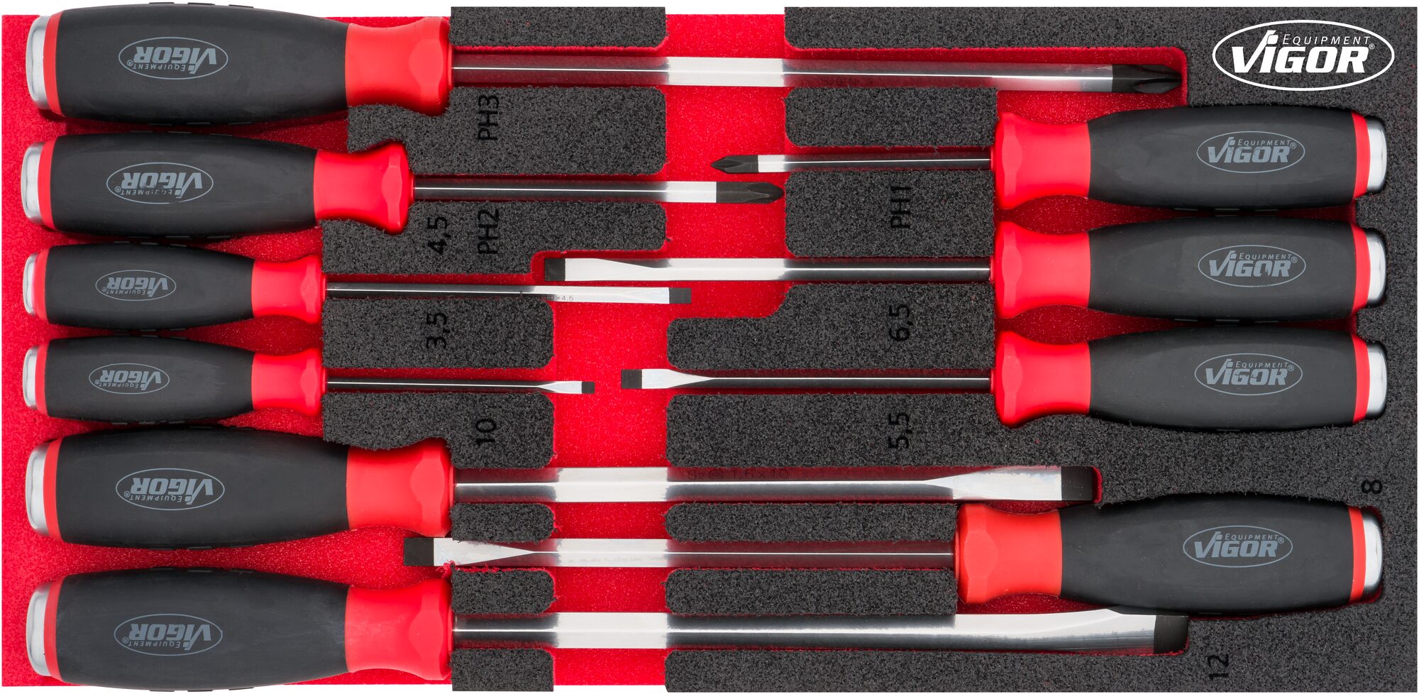 VIGOR Schraubendreher Satz mit Schlagkappe · V5068 · Schlitz Profil, Kreuzschlitz Profil PH · 0,6 x 3,5 – 2 x 12 · PH1 – PH3 · Anzahl Werkzeuge: 10