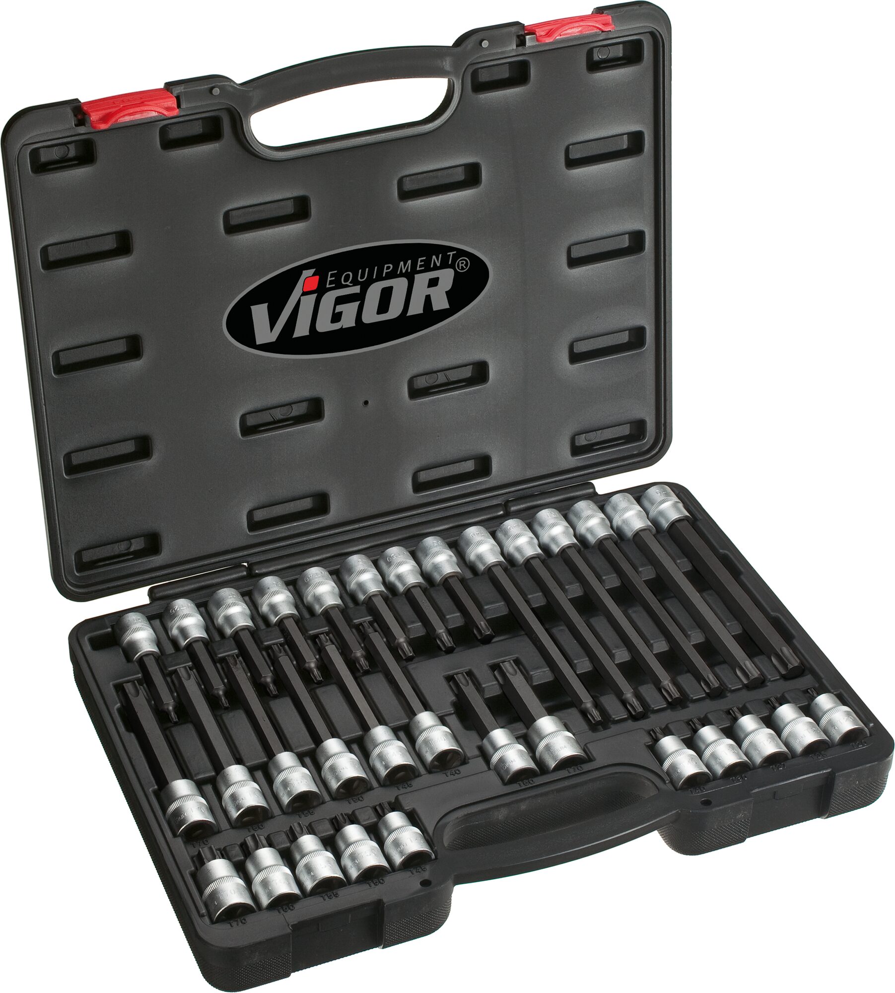 VIGOR T Schraubendreher-Einsatz Satz · V1917 · Vierkant hohl 12,5 mm (1/2 Zoll) · Innen TORX® Profil · T20 – T70 · Anzahl Werkzeuge: 32