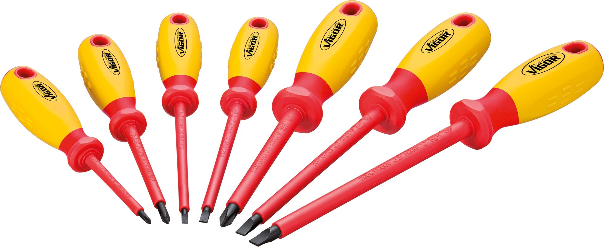 VIGOR VDE Schraubendreher Satz · V2027 · Schlitz Profil, Kreuzschlitz Profil PH · 0,5 x 3 – 1,2 x 6,5 · PH0 – PH2 · Anzahl Werkzeuge: 7