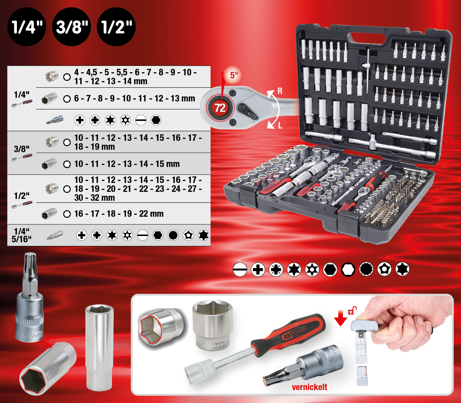 1/4"+3/8"+1/2" Steckschlüssel-Satz, 195-tlg