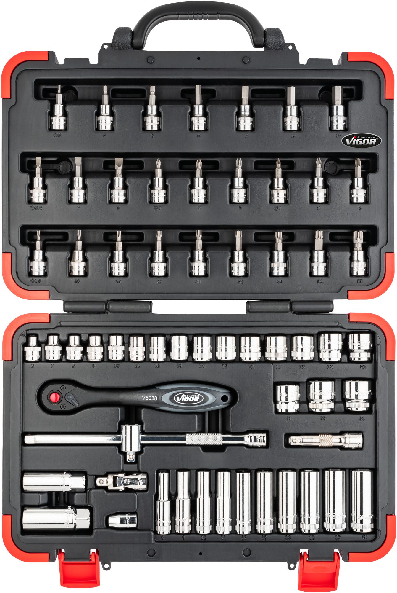 VIGOR Steckschlüssel Satz V2305N · Vierkant hohl 10 mm (3/8 Zoll) · Außen-Sechskant Profil, Innen TORX® Profil, Innen-Sechskant Profil, Kreuzschlitz Profil PH, Pozidriv Profil PZ, Schlitz Profil · Anzahl Werkzeuge: 61