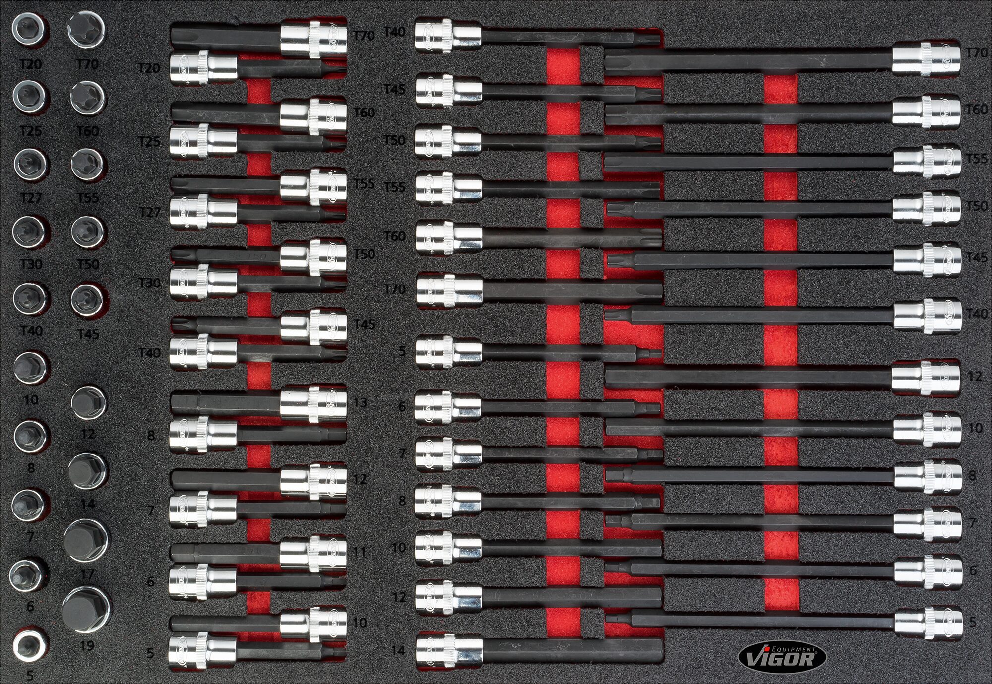 VIGOR Schraubendreher-Einsatz Satz · V4727 · Vierkant hohl 12,5 mm (1/2 Zoll) · Innen Keilprofil Ribe-CV, Innen TORX® Profil, Innen Vielzahn Profil XZN, Innen Sechskant Profil · 5 – 19 · T20 – T70 · Anzahl Werkzeuge: 62