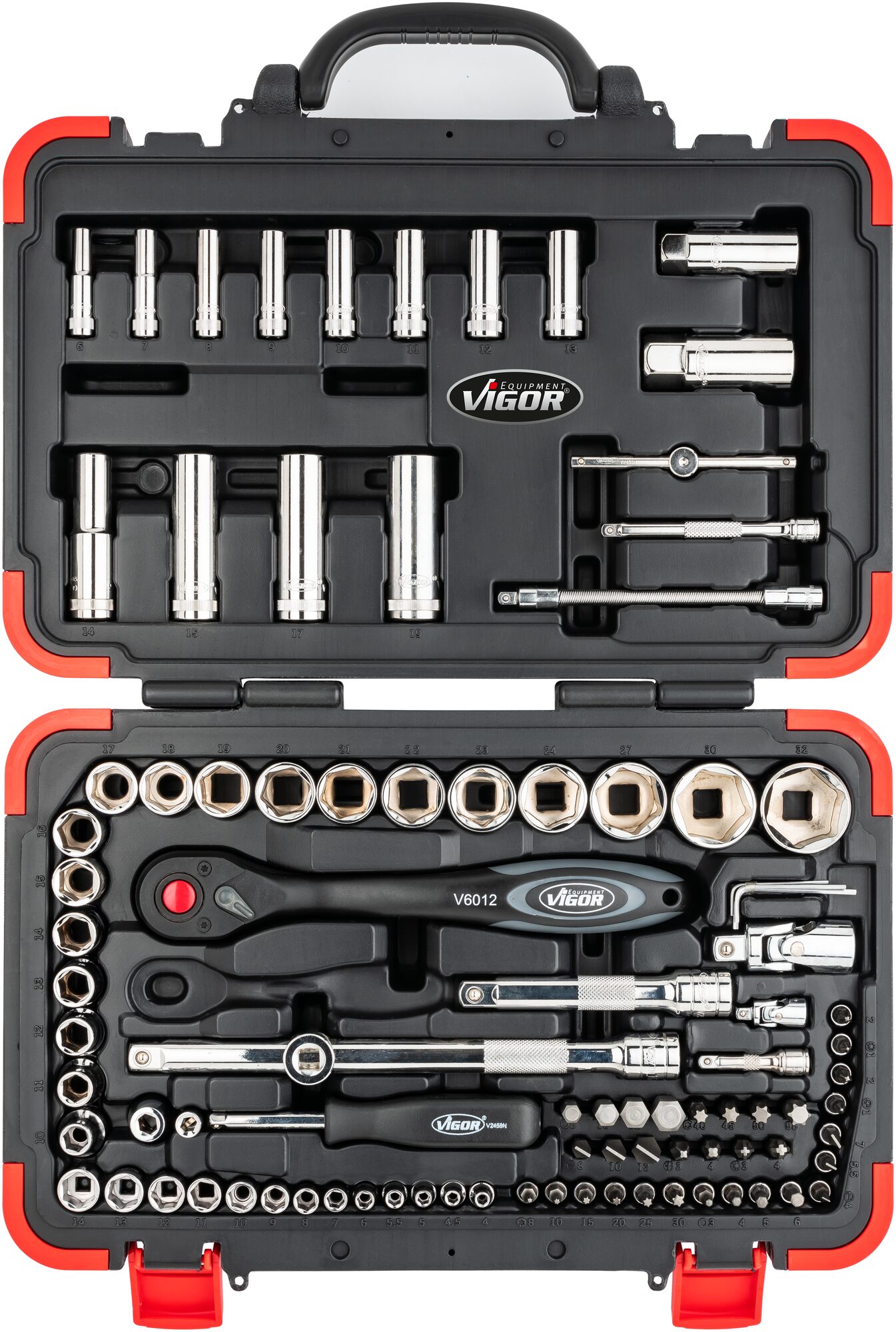 VIGOR Steckschlüssel Satz V1706N · Vierkant hohl 6,3 mm (1/4 Zoll) und 12,5 mm (1/2 Zoll), Sechskant massiv 8 (5/16 Zoll) · 0,8x4–1,2x7 · 1,5–32 · PH1–PH2 · PZ1–PZ2 · T10–T30 · Anzahl Werkzeuge: 94