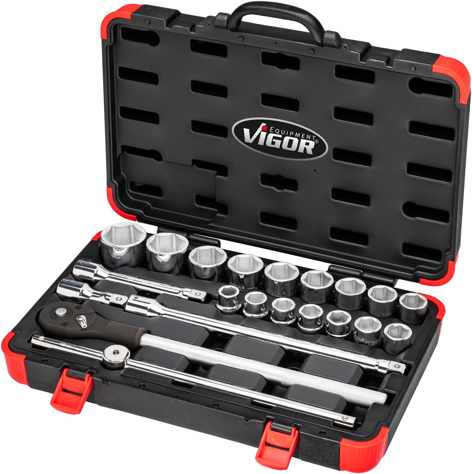 VIGOR Steckschlüssel Satz · V2318N · Vierkant hohl 20 mm (3/4 Zoll) · Außen Sechskant Profil · 19 – 50 · Anzahl Werkzeuge: 21
