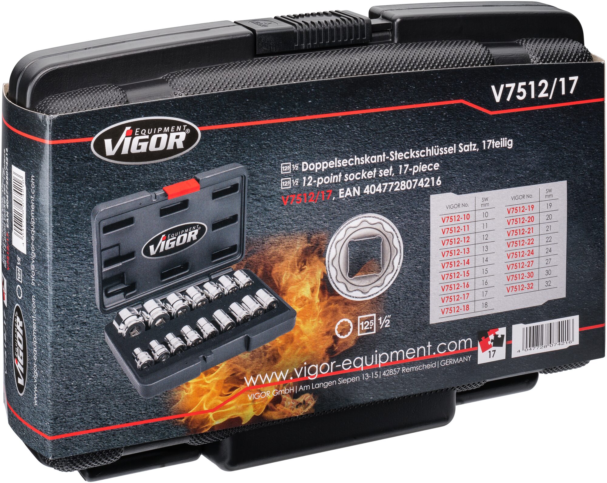 VIGOR Doppelsechskant-Steckschlüssel Satz · V7512/17 · Vierkant hohl 12,5 mm (1/2 Zoll) · Außen Doppel-Sechskant Profil · Anzahl Werkzeuge: 17