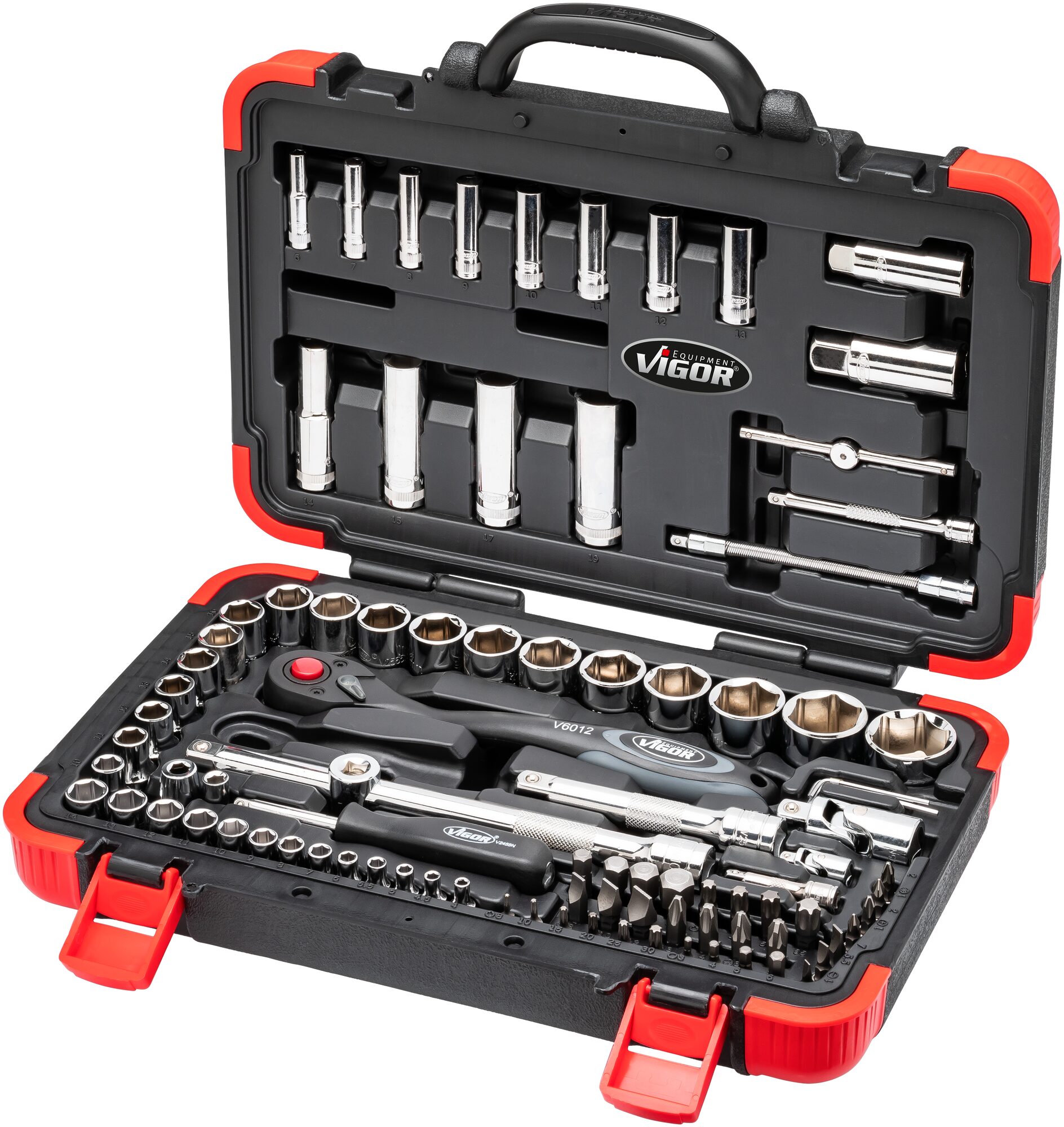 VIGOR Steckschlüssel Satz V1706N · Vierkant hohl 6,3 mm (1/4 Zoll) und 12,5 mm (1/2 Zoll), Sechskant massiv 8 (5/16 Zoll) · 0,8x4–1,2x7 · 1,5–32 · PH1–PH2 · PZ1–PZ2 · T10–T30 · Anzahl Werkzeuge: 94