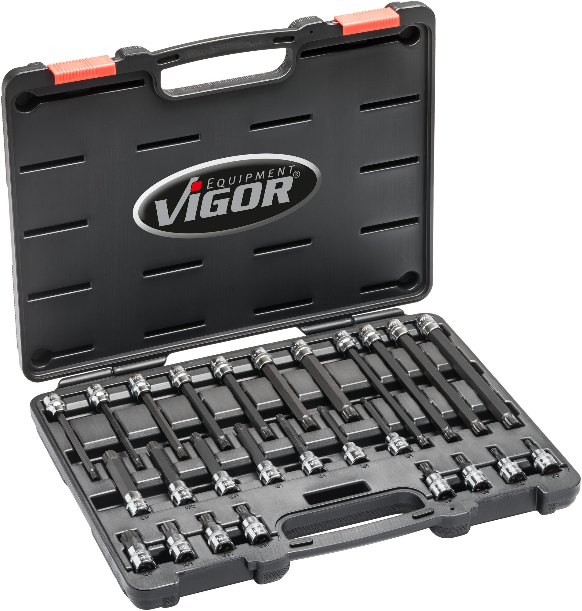 VIGOR Innenvielzahn Schraubendreher-Einsatz Satz (XZN) · V6018 · Vierkant hohl 10 mm (3/8 Zoll) · Innen Vielzahn Profil XZN · M5 – M16 · Anzahl Werkzeuge: 26