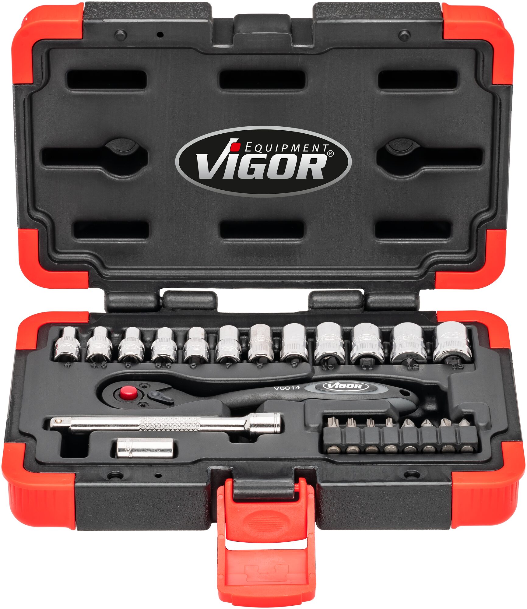VIGOR Steckschlüssel Satz · V3734N · Vierkant hohl 6,3 mm (1/4 Zoll) · Außen Sechskant Profil, Innen Sechskant Profil, Innen TORX® Profil, Kreuzschlitz Profil PH, Pozidriv Profil PZ, Schlitz Profil · 4 – 13 · Anzahl Werkzeuge: 23