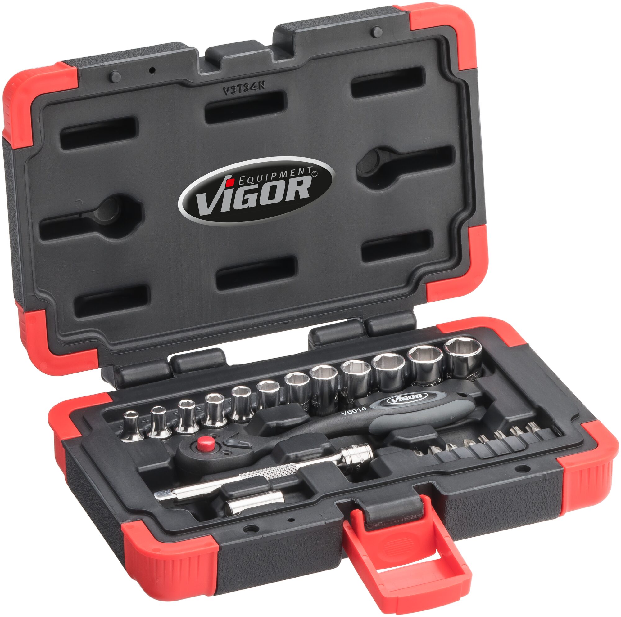 VIGOR Steckschlüssel Satz · V3734N · Vierkant hohl 6,3 mm (1/4 Zoll) · Außen Sechskant Profil, Innen Sechskant Profil, Innen TORX® Profil, Kreuzschlitz Profil PH, Pozidriv Profil PZ, Schlitz Profil · 4 – 13 · Anzahl Werkzeuge: 23