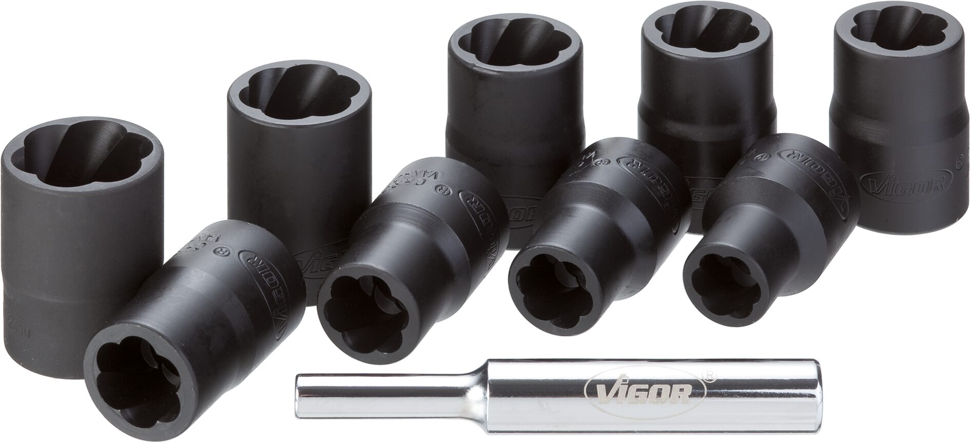 VIGOR Spiralnutenausdreher-Einsatz Satz · V2404 · Vierkant hohl 12,5 mm (1/2 Zoll) · Außen Schraubenausdreher Profil · Anzahl Werkzeuge: 10