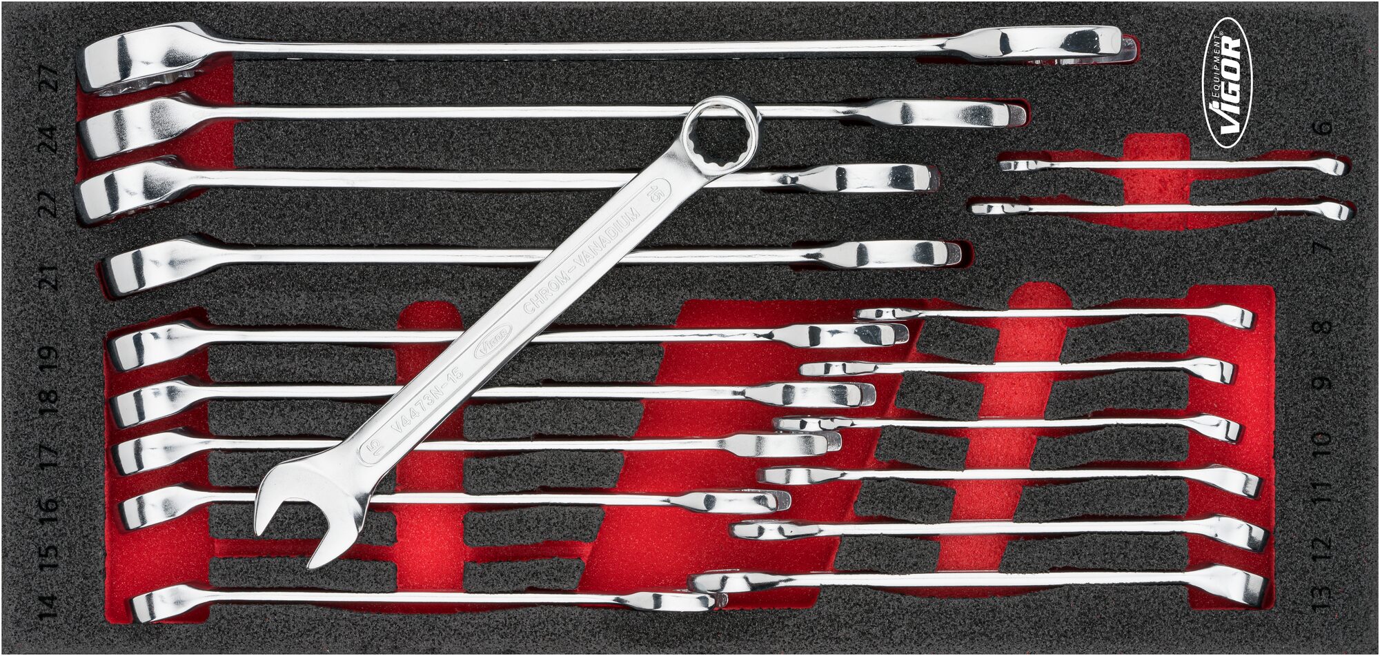 VIGOR Ring-Maulschlüssel Satz · V6723 · Außen Sechskant Profil, Außen Doppel-Sechskant Profil · 6 – 27 · Anzahl Werkzeuge: 18