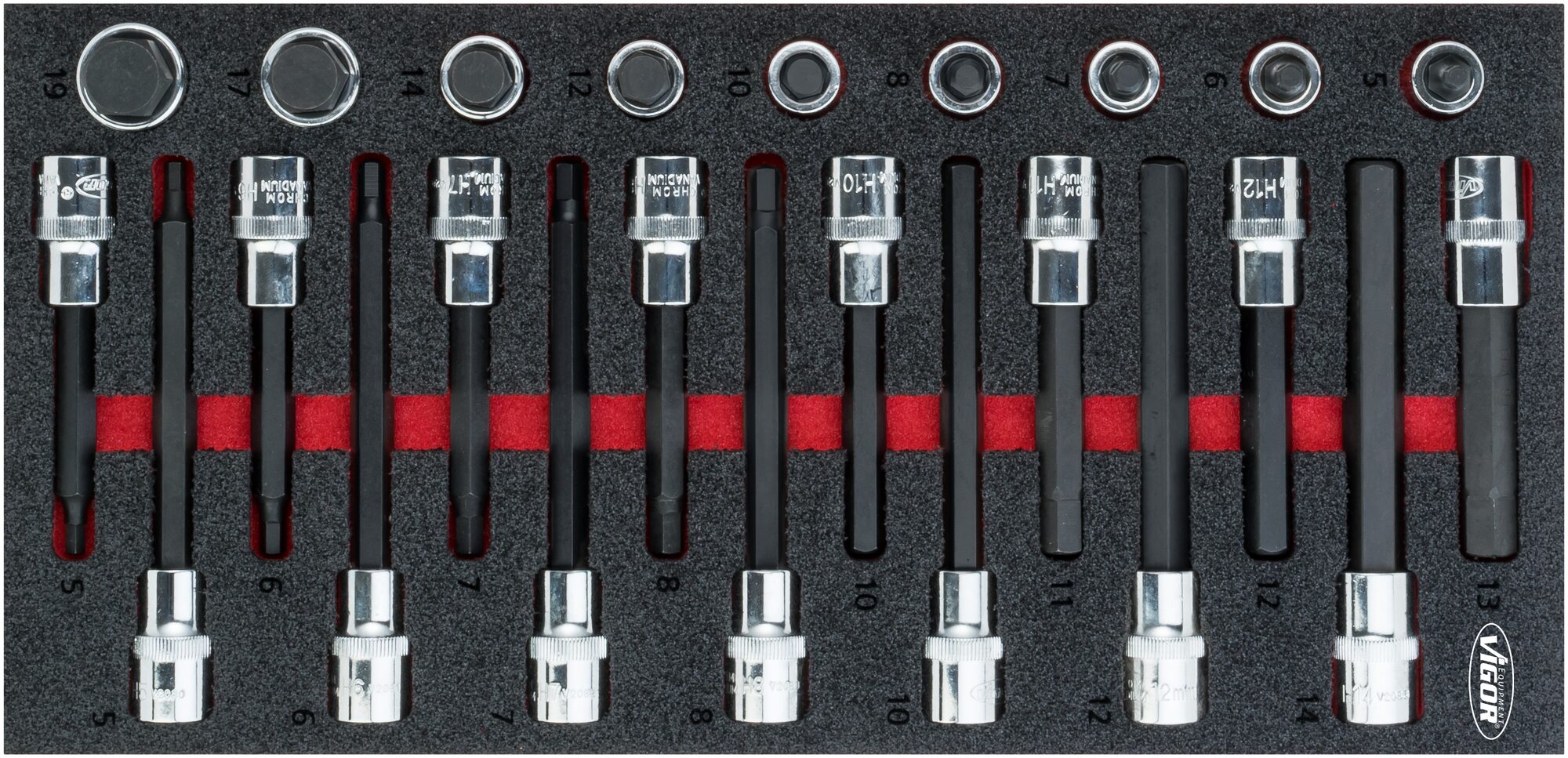 VIGOR Innensechskant Schraubendreher-Einsatz Satz · V5097 · Vierkant hohl 12,5 mm (1/2 Zoll) · Innen Sechskant Profil · 5 – 19 · Anzahl Werkzeuge: 24