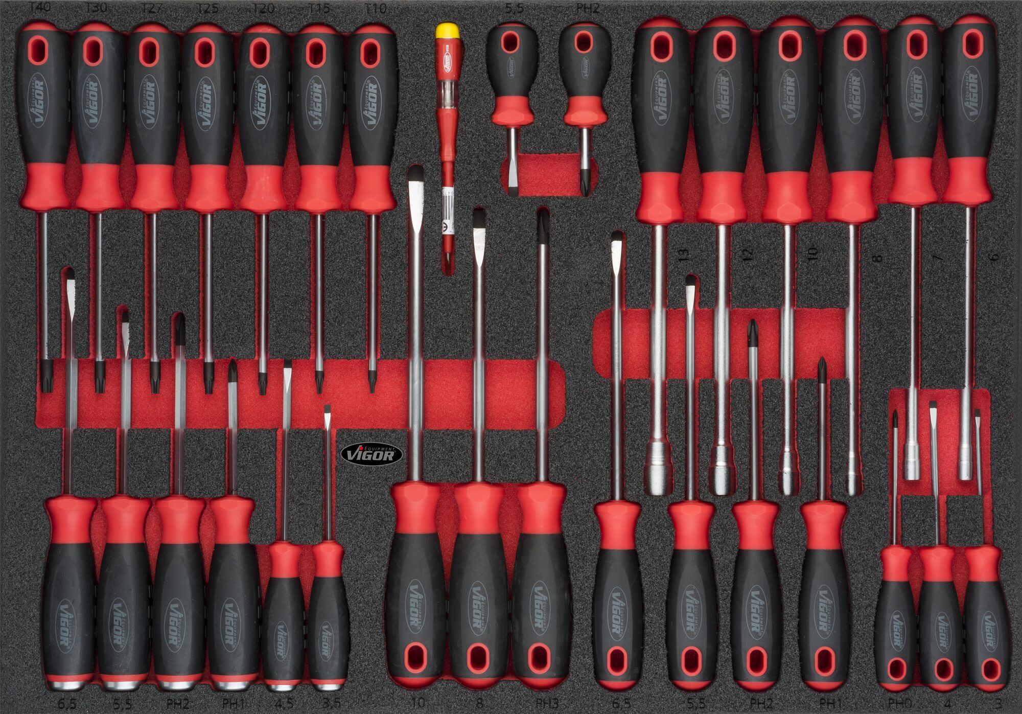 VIGOR Schraubendreher Satz · V4230 · Außen Sechskant Profil, Innen TORX® Profil, Innen Sechskant Profil, Kreuzschlitz Profil PH, Schlitz Profil · 0,5 x 3 – 1,6 x 10 · 6 – 13 · PH0 – PH3 · T10 – T40 · Anzahl Werkzeuge: 32
