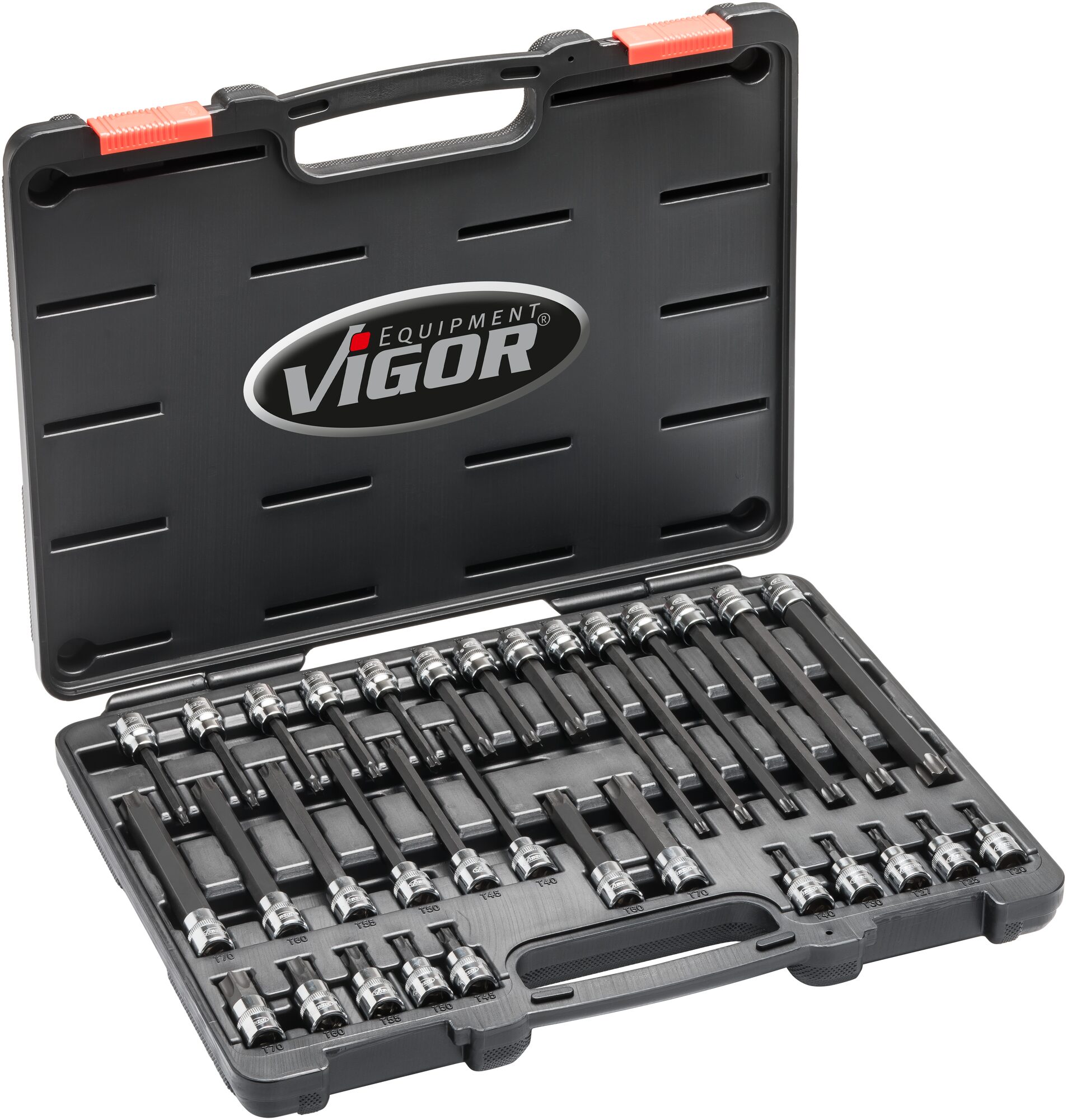 VIGOR T Schraubendreher-Einsatz Satz · V6017 · Vierkant hohl 10 mm (3/8 Zoll) · Innen TORX® Profil · T20 – T70 · Anzahl Werkzeuge: 32