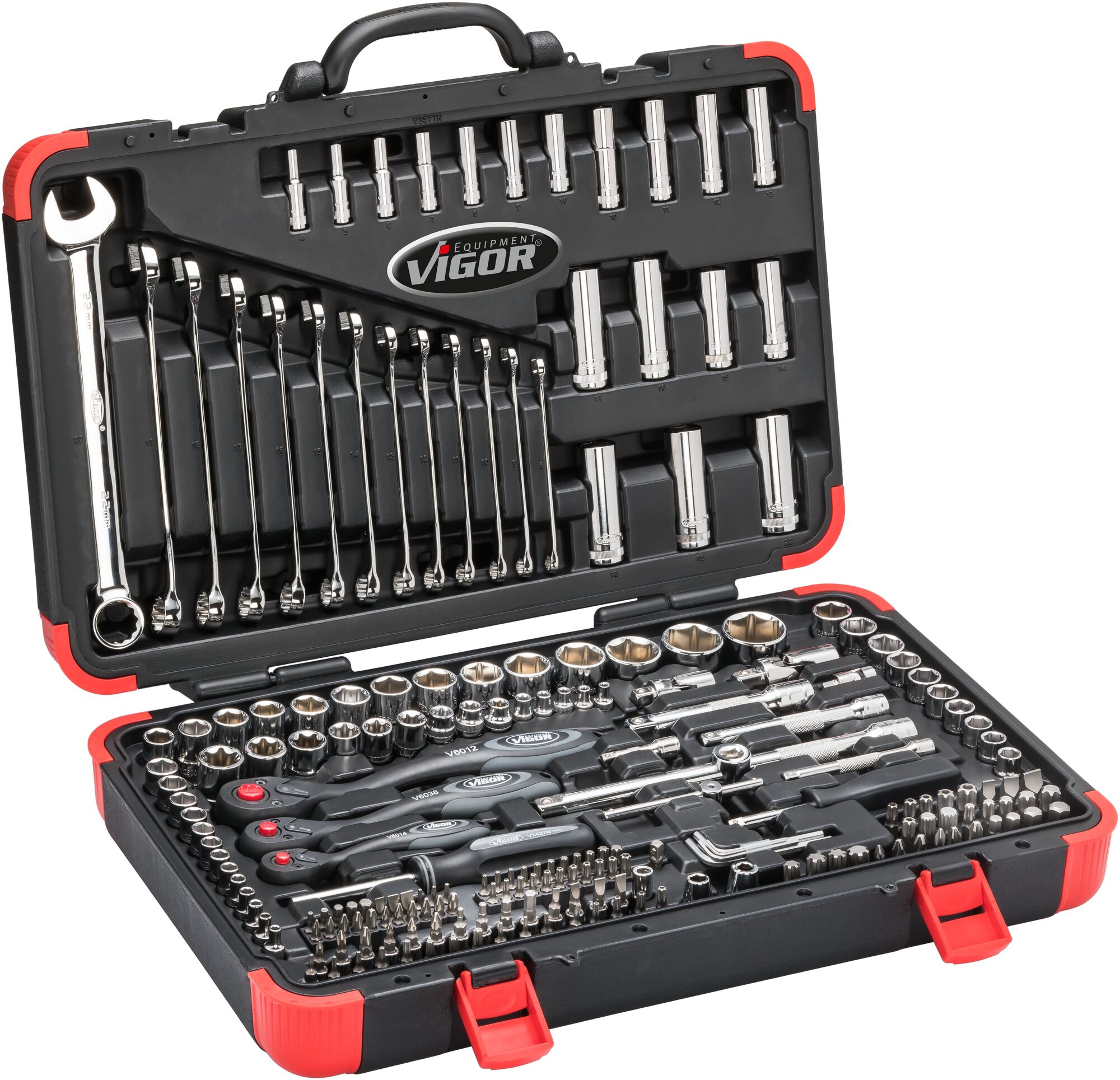 VIGOR Steckschlüssel Satz · V3277N · Sechskant massiv 8 (5/16 Zoll), Vierkant hohl 6,3 mm (1/4 Zoll), Vierkant hohl 10 mm (3/8 Zoll), Vierkant hohl 12,5 mm (1/2 Zoll) · Anzahl Werkzeuge: 212