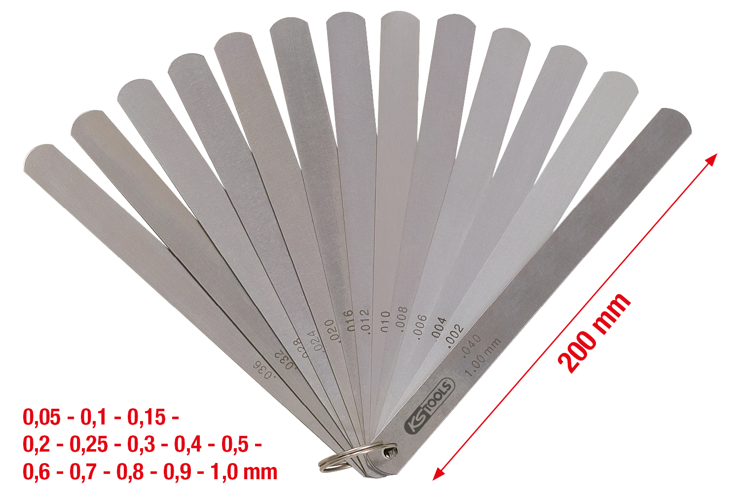 Kolbenspiellehre, 13 Blatt, 0,05-1mm, 200mm lang