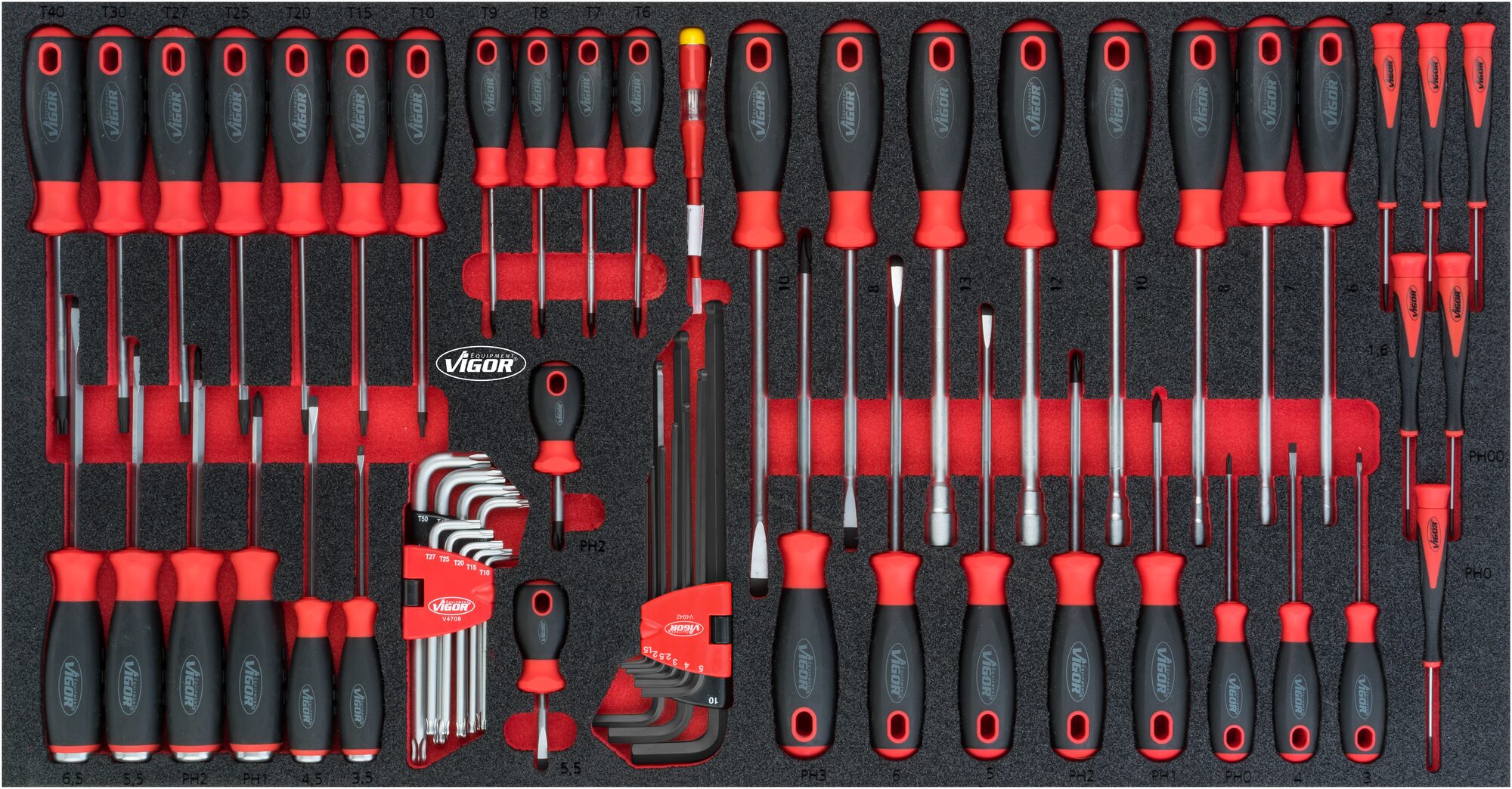 VIGOR Schraubendreher Satz für Series XL · V5170 · Außen Sechskant Profil, Innen TORX® Profil, Innen Sechskant Profil, Kreuzschlitz Profil PH, Pozidriv Profil PZ, Schlitz Profil · 0,5 x 3 – 1,6 x 10 · 7 – 13 · PH0 – PH3 · T6 – T40 · Anzahl Werkzeuge: 60