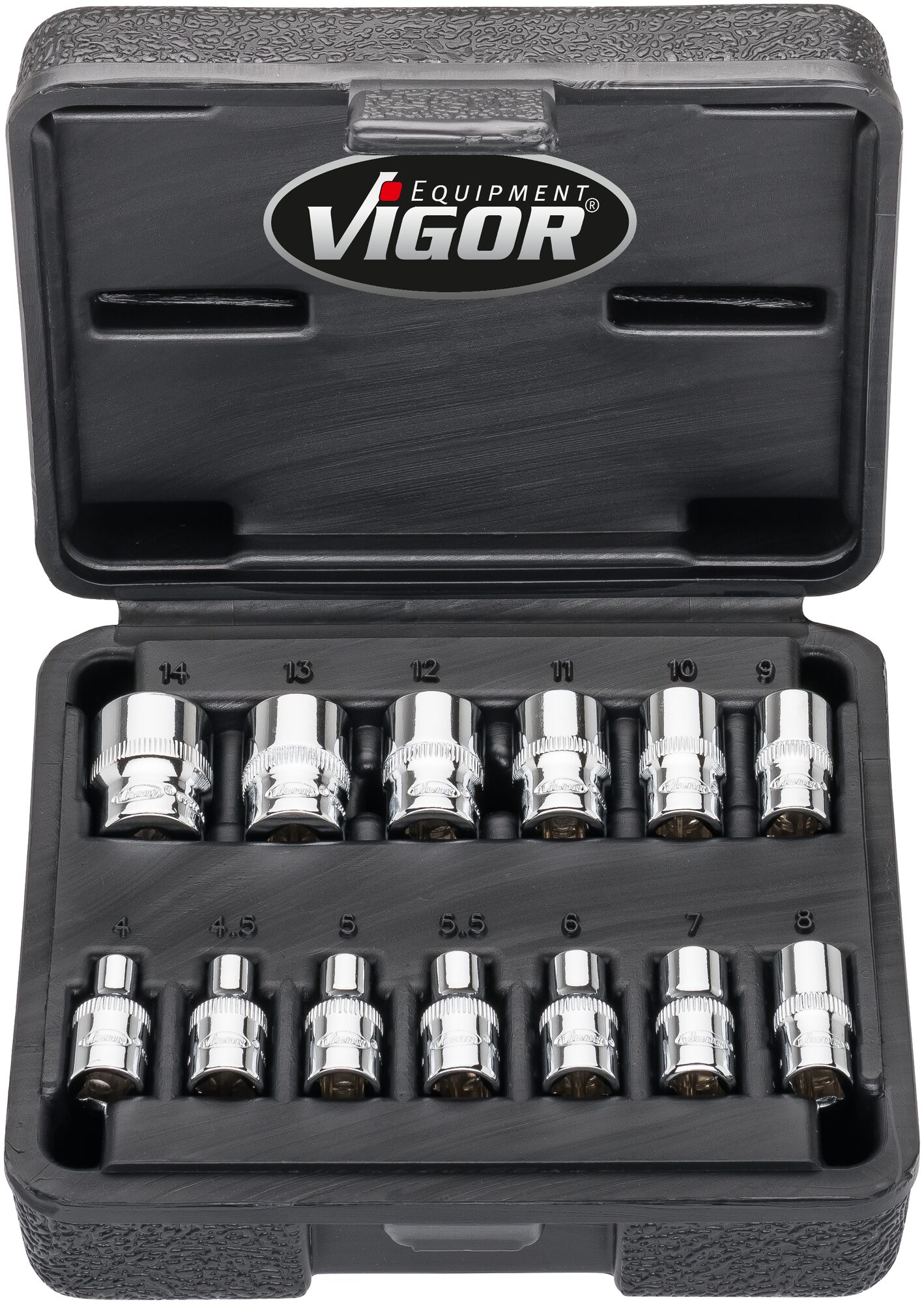 VIGOR Doppelsechskant-Steckschlüssel Satz · V7514/13 · Vierkant hohl 6,3 mm (1/4 Zoll) · Außen Doppel-Sechskant Profil · 25 mm · Anzahl Werkzeuge: 13