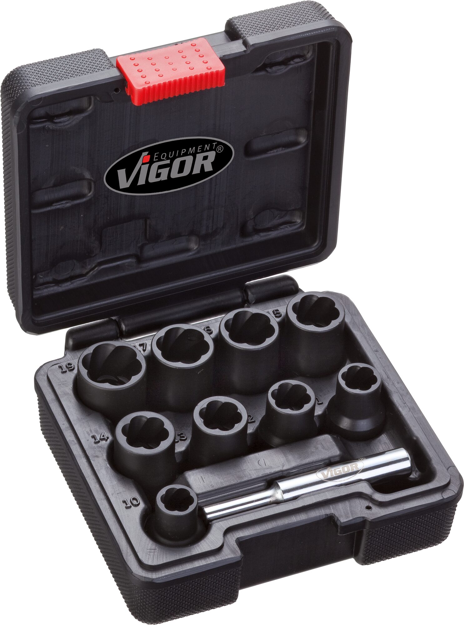 VIGOR Spiralnutenausdreher-Einsatz Satz · V2404 · Vierkant hohl 12,5 mm (1/2 Zoll) · Außen Schraubenausdreher Profil · Anzahl Werkzeuge: 10