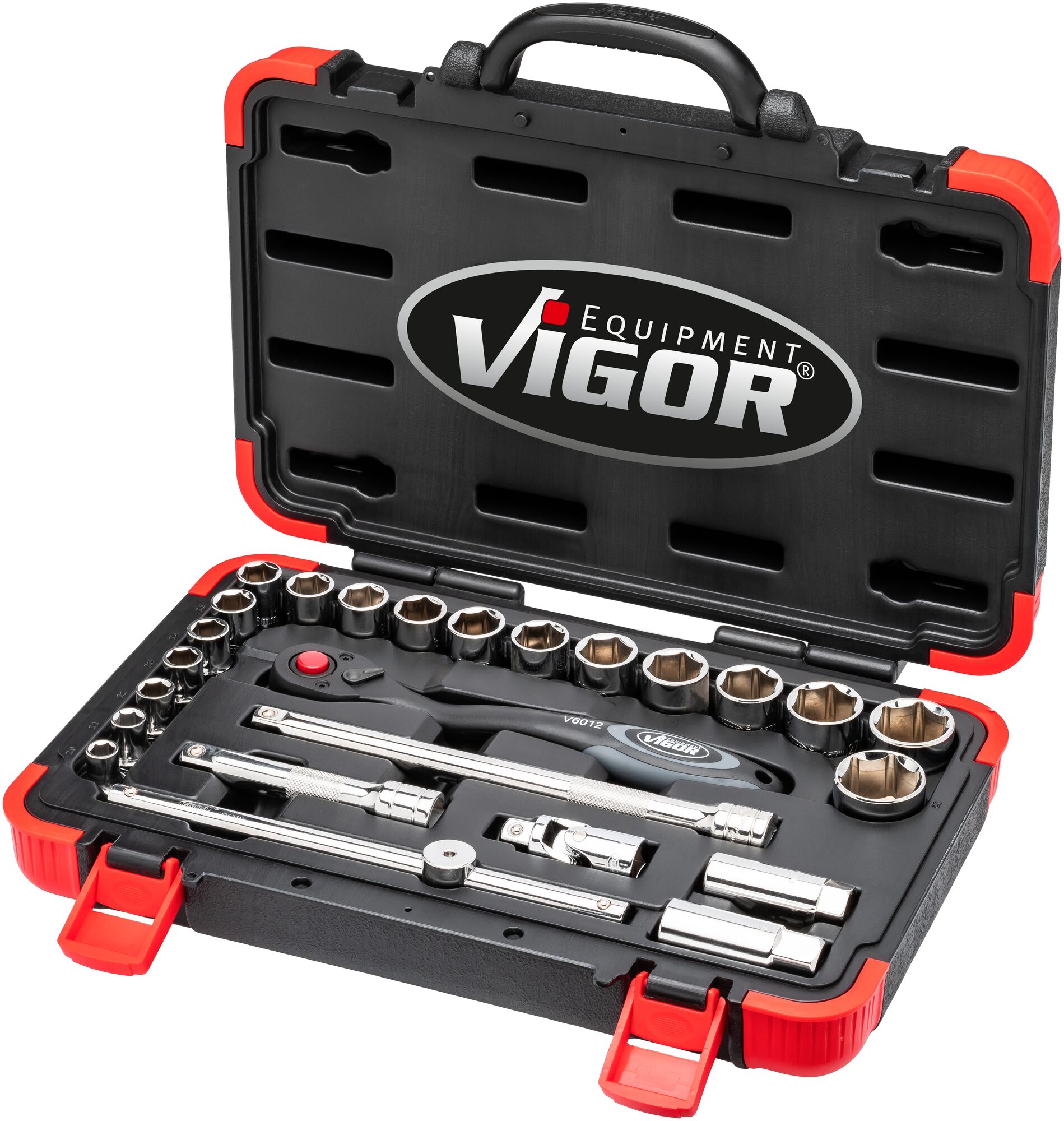 VIGOR Steckschlüssel Satz · V2460N · Vierkant hohl 12,5 mm (1/2 Zoll) · Außen Sechskant Profil · 10 – 32 · Anzahl Werkzeuge: 25