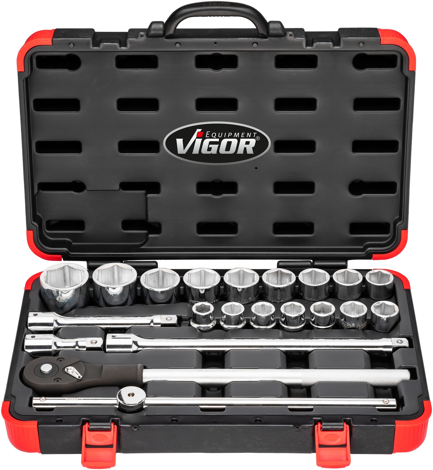 VIGOR Steckschlüssel Satz · V2318N · Vierkant hohl 20 mm (3/4 Zoll) · Außen Sechskant Profil · 19 – 50 · Anzahl Werkzeuge: 21