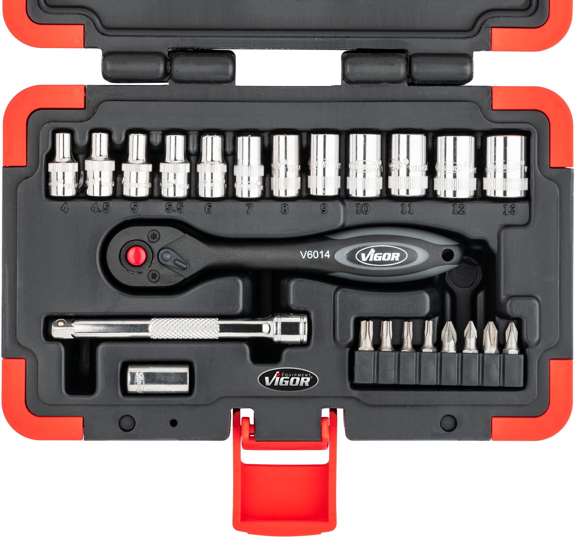 VIGOR Steckschlüssel Satz · V3734N · Vierkant hohl 6,3 mm (1/4 Zoll) · Außen Sechskant Profil, Innen Sechskant Profil, Innen TORX® Profil, Kreuzschlitz Profil PH, Pozidriv Profil PZ, Schlitz Profil · 4 – 13 · Anzahl Werkzeuge: 23
