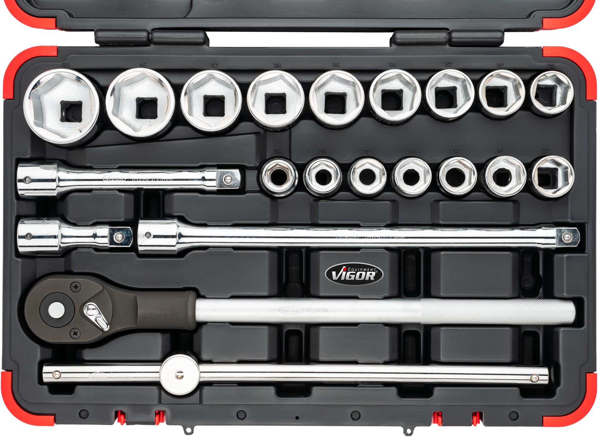 VIGOR Steckschlüssel Satz · V2318N · Vierkant hohl 20 mm (3/4 Zoll) · Außen Sechskant Profil · 19 – 50 · Anzahl Werkzeuge: 21