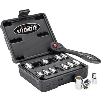VIGOR Doppelsechskant-Steckschlüssel Satz · V7514/13 · Vierkant hohl 6,3 mm (1/4 Zoll) · Außen Doppel-Sechskant Profil · 25 mm · Anzahl Werkzeuge: 13