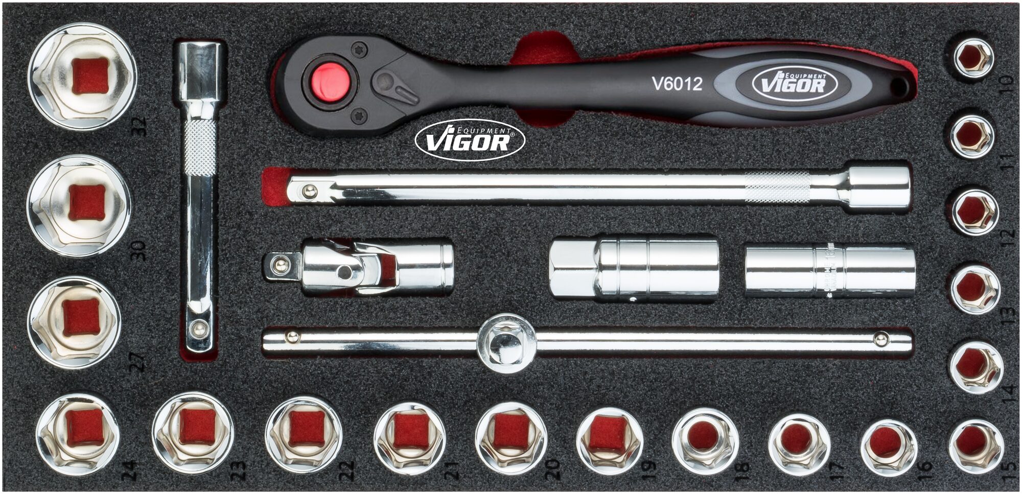 VIGOR Steckschlüssel-Werkzeug Satz · V4975 · Vierkant hohl 12,5 mm (1/2 Zoll) · Außen Sechskant Profil · 10 – 32 · Anzahl Werkzeuge: 25